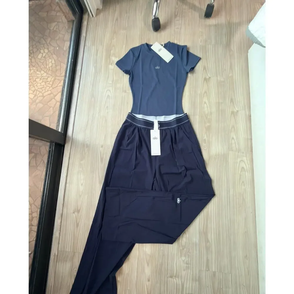 Women's Navy Activewear Set – Short Sleeve Top & Wide Leg Pants